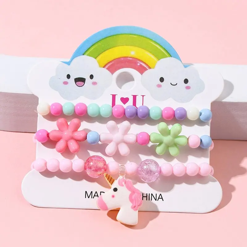 3 Stks/set Schattige Kinderen Cartoon Armbanden Prinses Kralen Eenhoorn Fruit Kat Meisjes Kinderen Sieraden Charme Geschenken Groothandel
