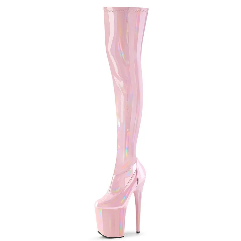 20 cm Overknee-Stiefel mit rundem Kopf, farbwechselndes PU-Material, modische, sexy Runway-Stiefel mit Reißverschluss und Pole-Dance-Schuhe