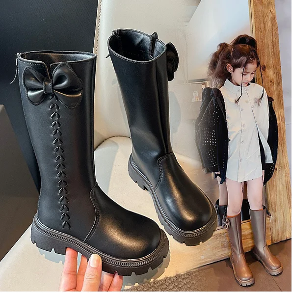 Children Princess Boots with Back Zipper Girls High Boots with Sweet Bow 2024 New Fashion Warm Long Boots for Kids Soild Color