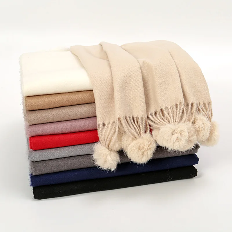 New Winter Warm Imitation Cashmere Scarf Women Luxury Solid Fringed Pompom Shawls Pashmina Thick Scarves Wrap Lady Blanket Hijab