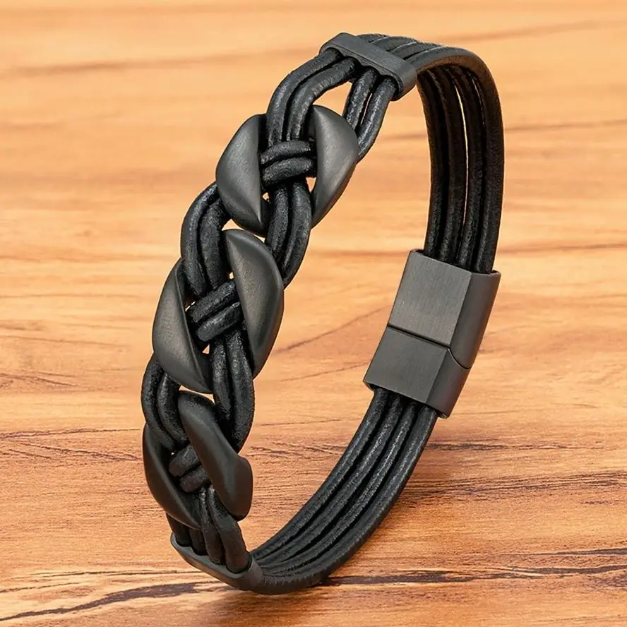 

XQNI Charm Black Braided Leather Bracelet for Men Stainless Steel Magnetic Clasp Punk Homme Bangles Classic Jewelry Gift