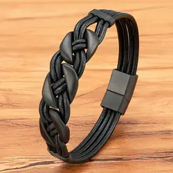 XQNI Charm Black Braided Leather Bracelet for Men Stainless Steel Magnetic Clasp Punk Homme Bangles Classic Jewelry Gift