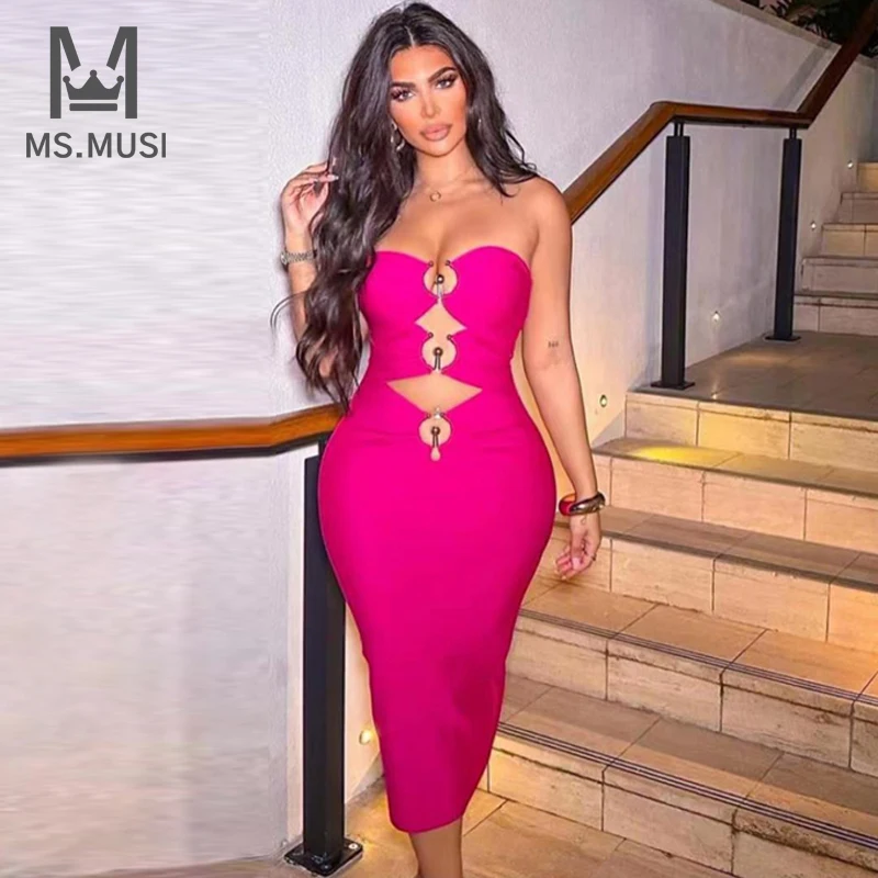 

MSMUSI 2023 New Fashion Designer Women Sexy Strapless Sleeveless Hollow Out Backless Bandage Party Club Bodycon Event Midi Dress