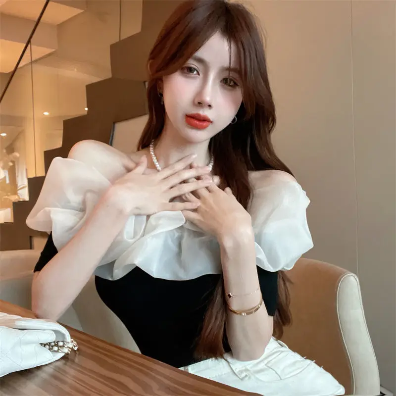 Retro Slim Blouses Women Holiday Sweet Patchwork Trendy Ins Slash Neck Hotsweet Korean Style Sexy Ladies Aesthetic All-match Y2k