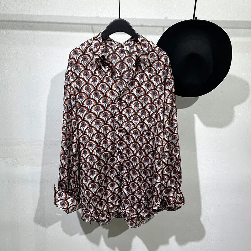 Autumn Fashion Simple Street Style Popular Feather Printed Long Sleeve Shirt High Trendy Casual Top
