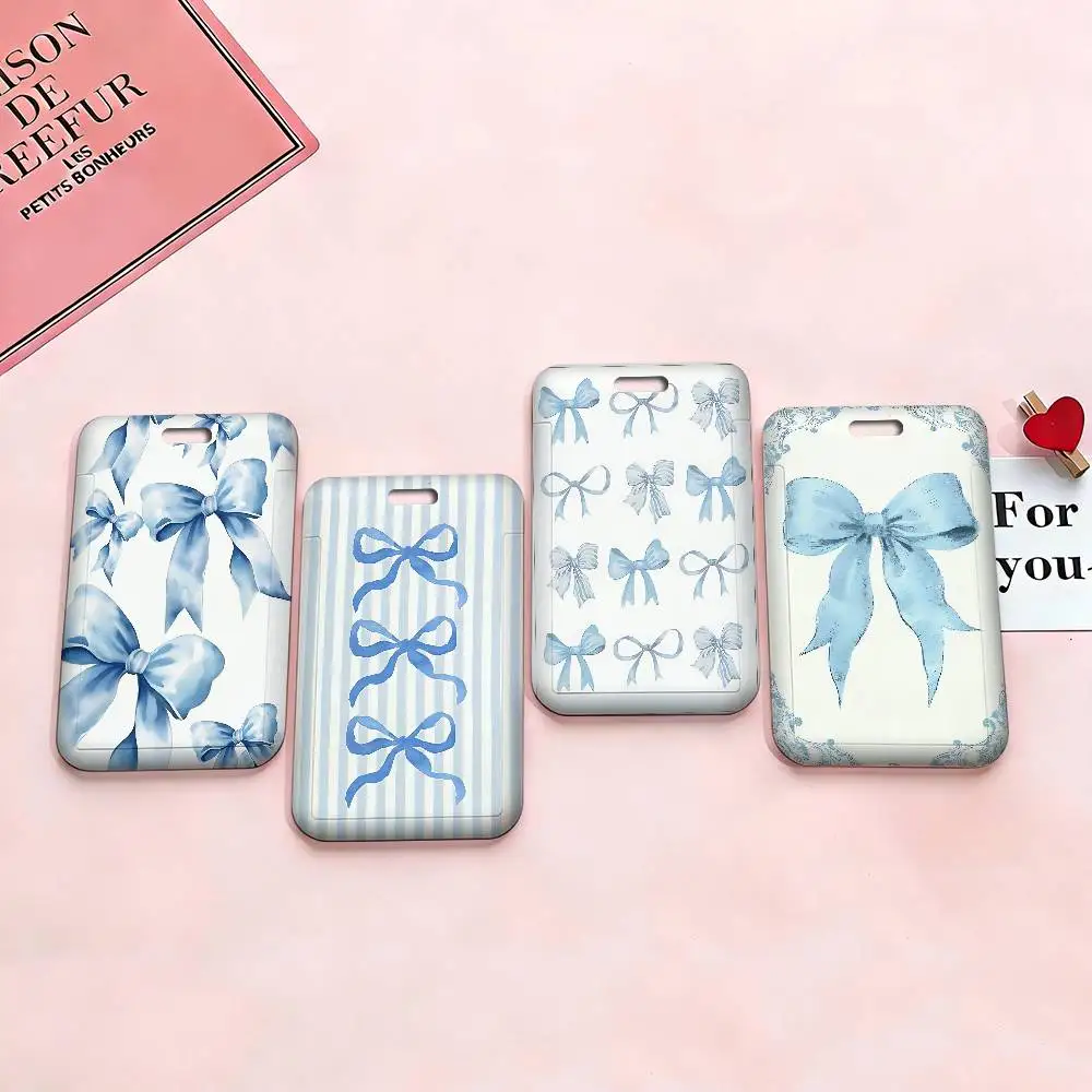 Simple INS Blue bow 1 Pcs Sliding ID Badge Holder with Clear Window ID Card Protector for Office School Staff Student