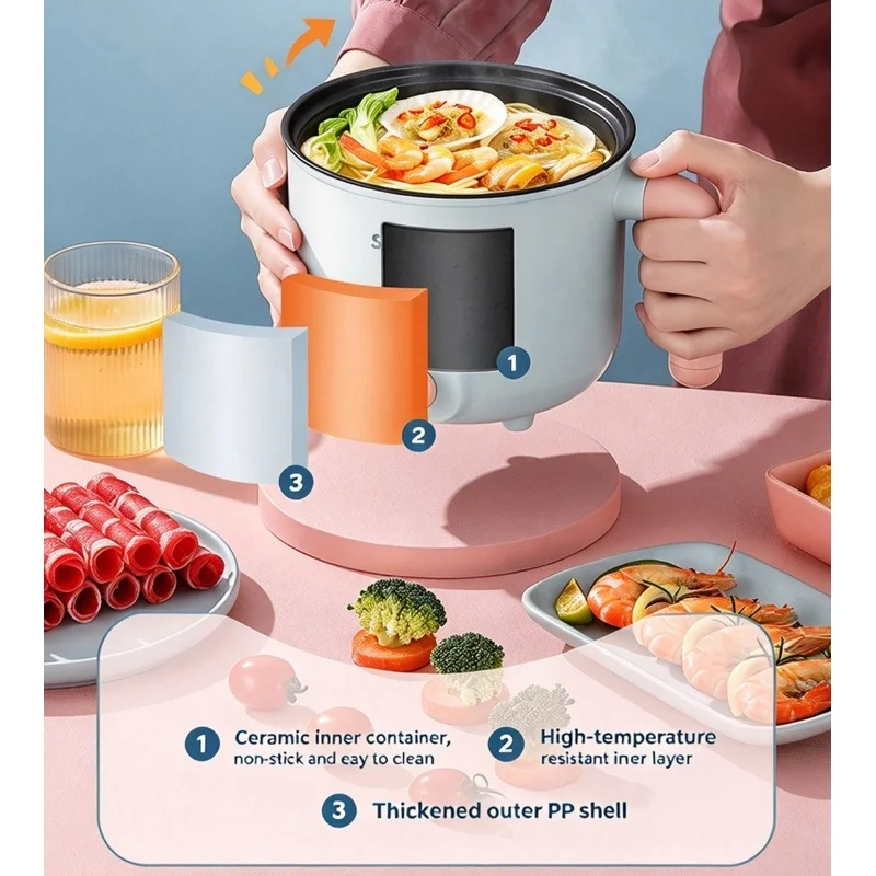 1pc 220V Mini Electric Cooker 1.8L Multi-function Non-stick Inner Pot Dorm Home Kitchen Portable Rice Noodles Soup Cooking Pot