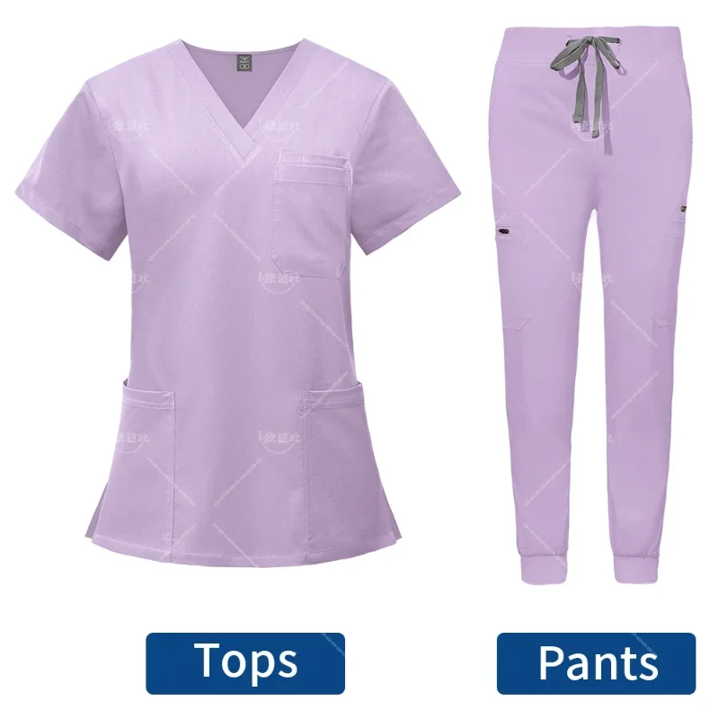 Beauty Agency Work Clothes Nurse Accessories V Neck Nurse Uniform Short Sleeve Solid Color Jogger Pant Medical Dentist Set Women