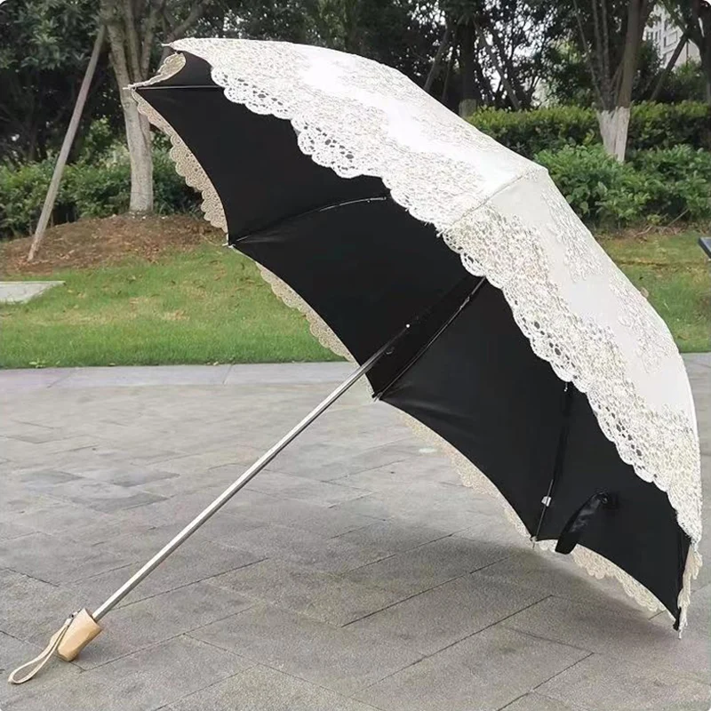 Double Layer Lace Flower Women Umbrella 2 3 Fold Sunblock Sunscreen Windproof Travel Outdoor Princess Parasol Sun Protection