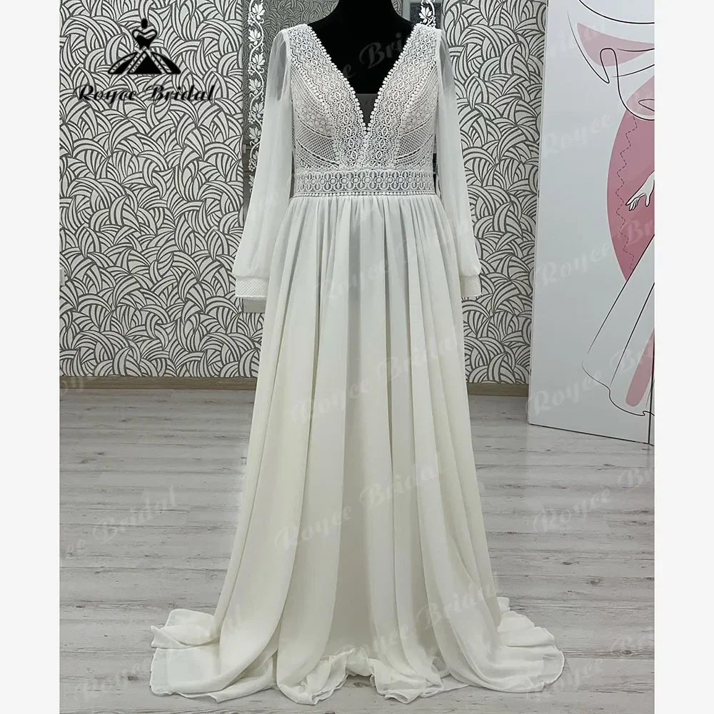 Modest Plus Size Boho Chiffon V Neck Long Sleeve Wedding Dress for Women 2025 robe boheme femme Bridal Gown Custom Made