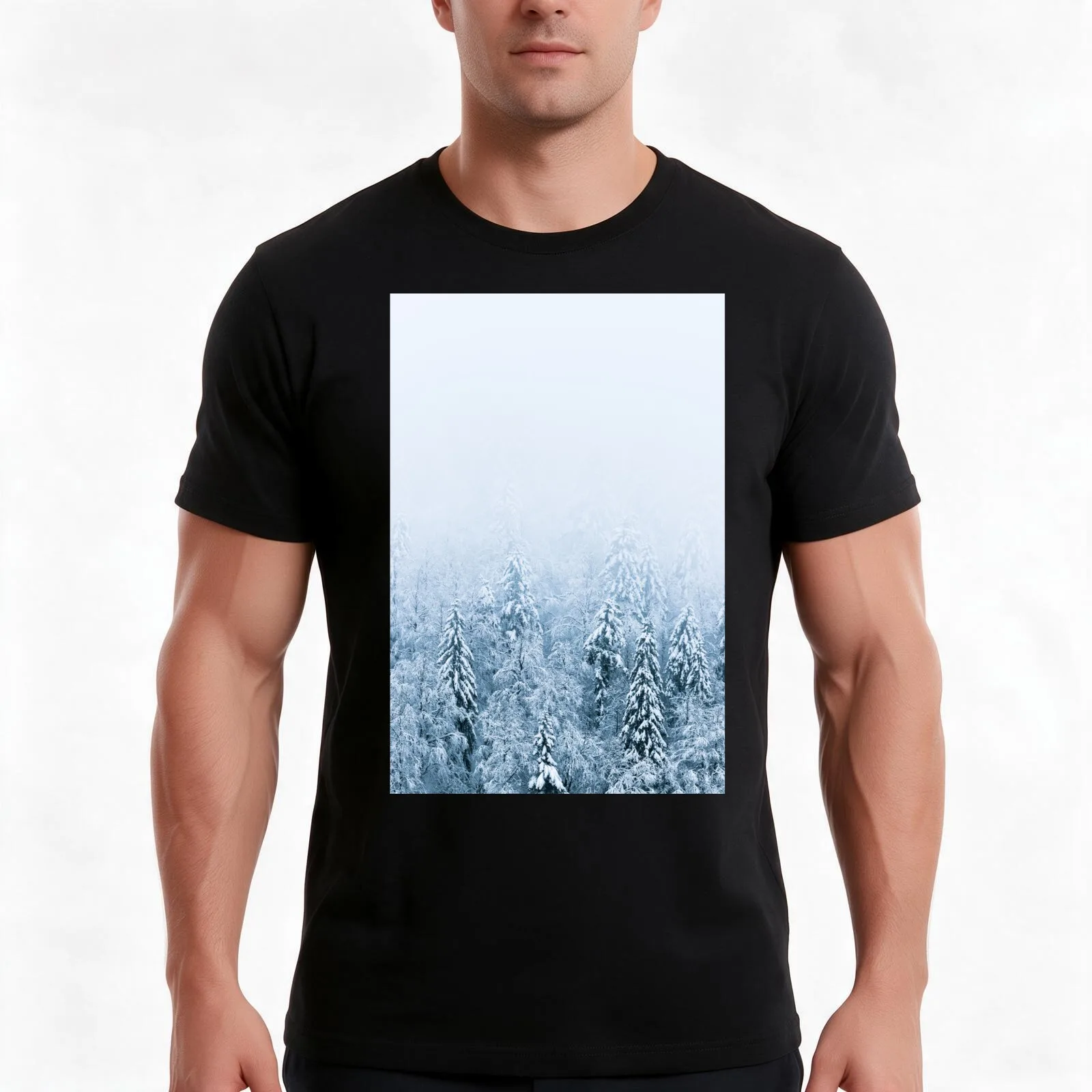 Snow covered beech spruce forest in fog T-Shirt, Summer Casual Cotton Tee, Oversized Streetwear Tops, Vintage Graphic Print