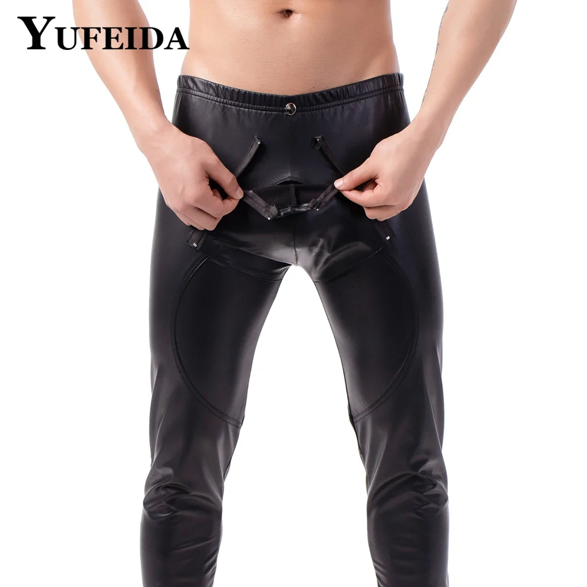 

YUFEIDA Black Mens Leather Pant Sexy Open Crotch Skinny Trousers Men's Leather Leggings Gay Erotic Tight Nightclub Dance Trouser