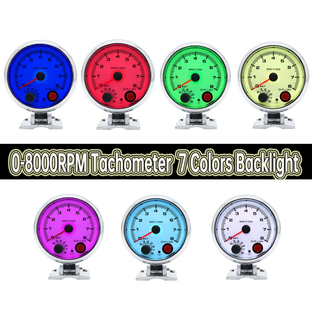

Racing Car Tachometer 8000RPM 12V Rotating Speed Indicator 95MM 0-8000RPM Tachometer 7 Colors Backlight Auto Gauge For Vehicle