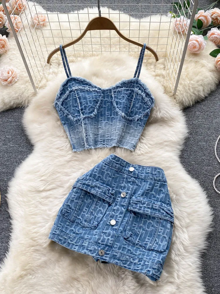 Women Summer Sexy Denim Set Strapless Sling Zipper Design Crop Top + Short Button Mini Shorts Skirt Jeans Two Piece Suits