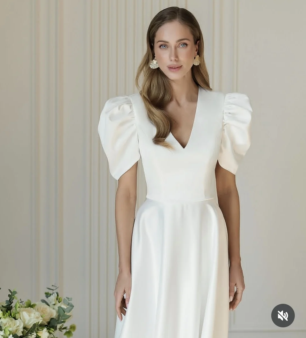 Wedding Dress 2025 Customize To Measures Short Sleeve V_neck Ankle Length Satin Elegant For Women vestidos de novia Pleat Robe