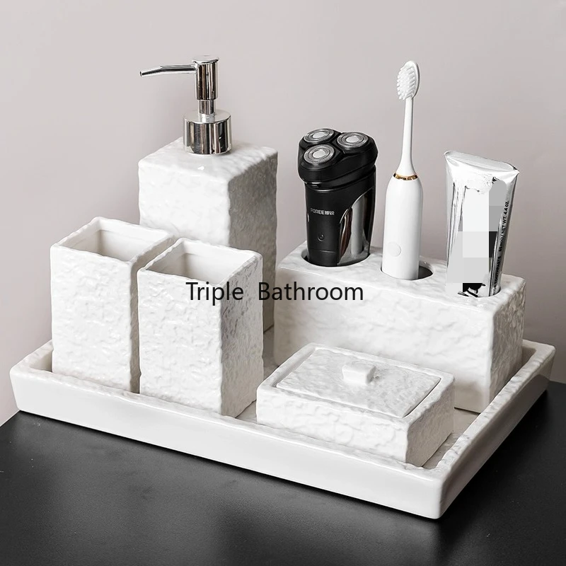 1pc Ceramic Bathroom Toiletries Mouthwash Cup Lotion Bottle Storage Tray Cotton Swab Jar Bathroom Accessories Toothpick Holder