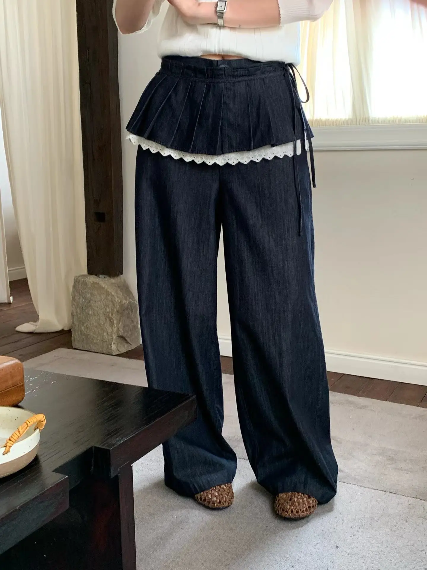 

Soft Lace Pleated Skirt And Loose Jeans Women's Two-Piece Set High Waist Micro Stretch Spring Collection Ladies Loose Fit