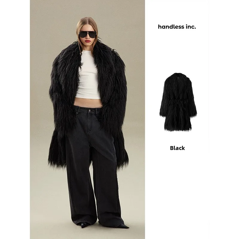 เสื้อโค้ทหนังยาว Handl Inc คอปกขนสัตว์เทียมรักษ์โลก แจ็คเก็ตผู้หญิงทรงหลวม สไตล์สตรีท สำหรับฤดูหนาว