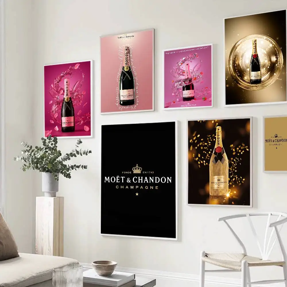 Pôsteres Vintage da Marca M-Moet C-Chandon, Adesivos de Papel Branco, Decoração de Parede DIY para Quarto, Bar e Café