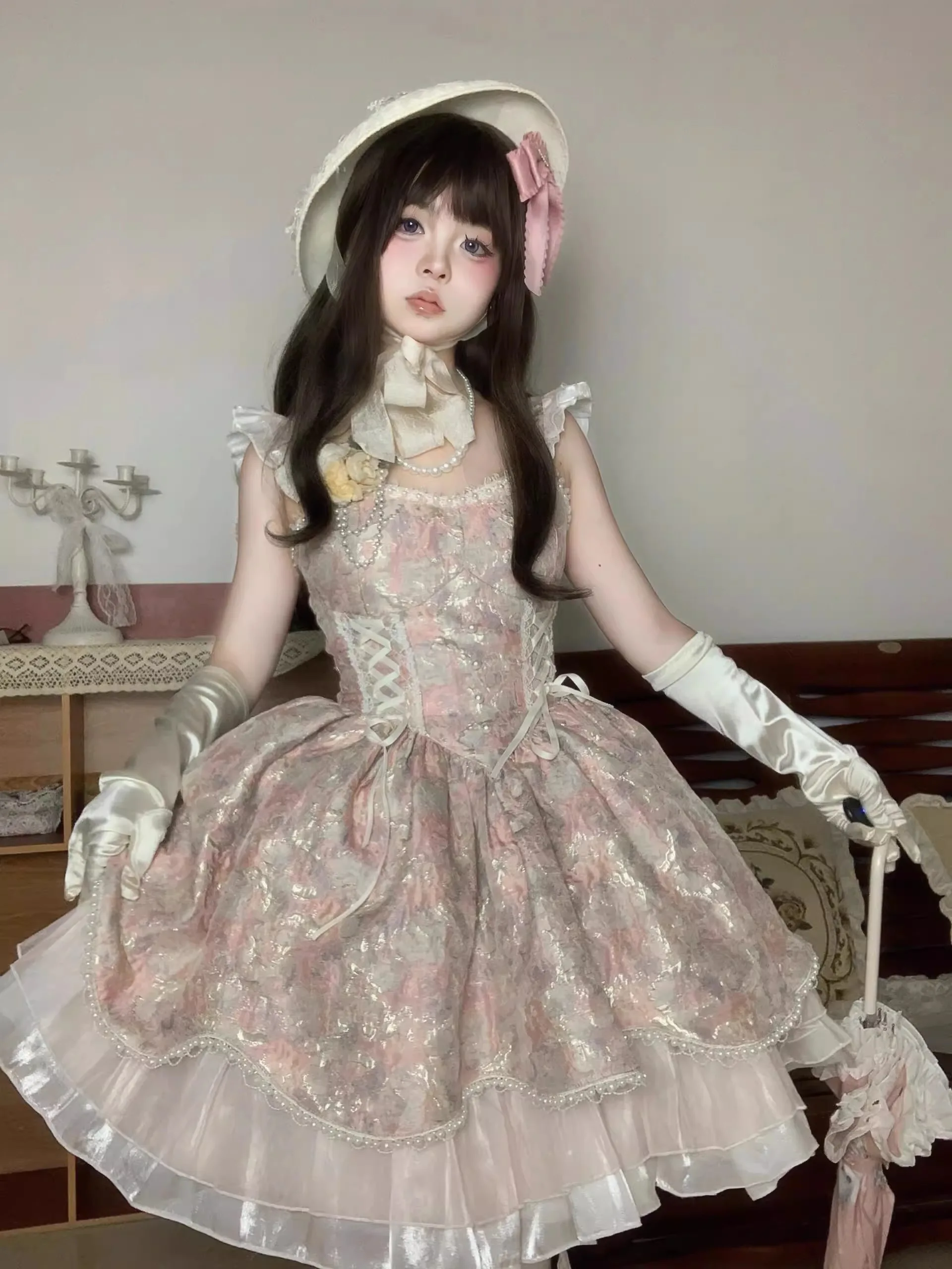 Pink Purple Flying Sleeve Jacquard Lolita Dress JSK Cute Sweet