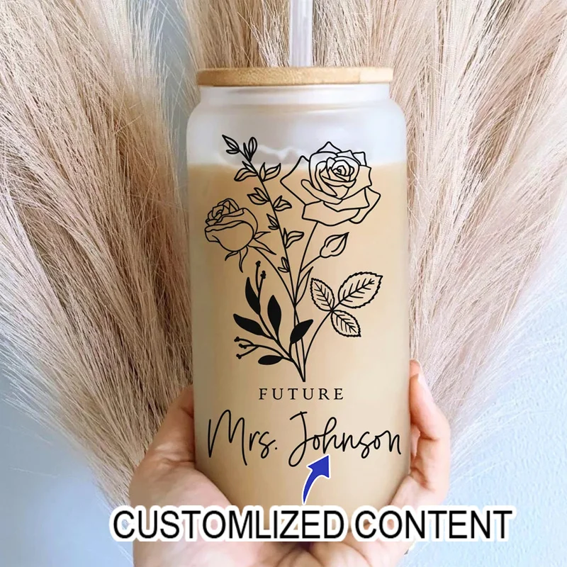 Custom Future Mrs Glass Can Cup Personalized Name 16oz Iced Coffee Cup with Bamboo Lid Straw Bridal Shower Wedding Gift for Brid