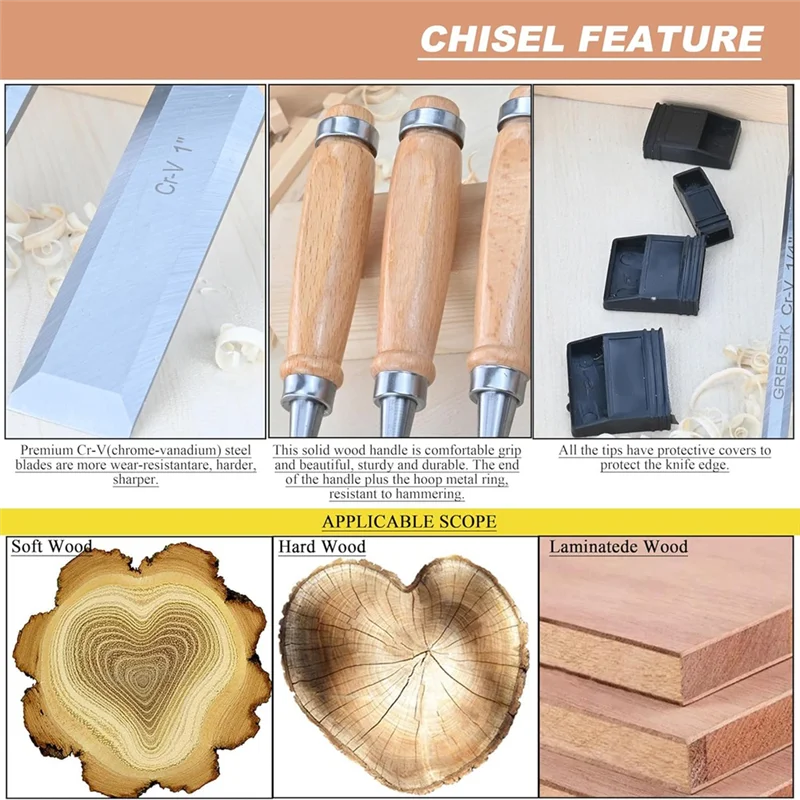 ABJY-4Pcs مجموعة إزميل الخشب لأعمال النجارة، أزاميل مقعد من الفولاذ الفاناديوم الكروم مع غطاء، مقبض عالي التأثير من خشب الزان