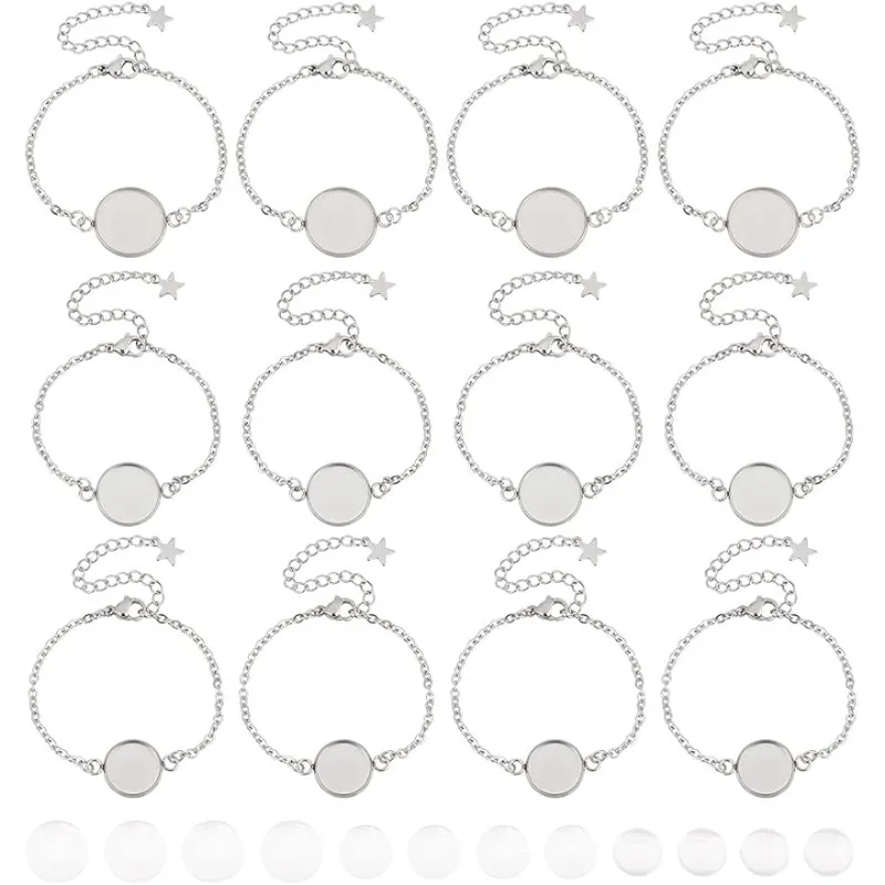 12pcs 3 Sizes 5-6inches Stainless Steel Bracelets with Clear Glass Cabochons Bracelet Bezel Settings Tray Blank Bracelets