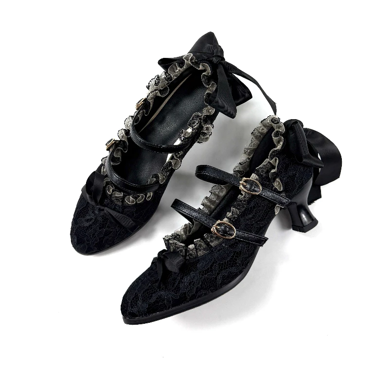2026 New Gothic Dark Lolita Pumps, Vintage Black Lace Ruffle Bow Double Strap Buckle Shoes, 5cm Heel Women Daily Shoes