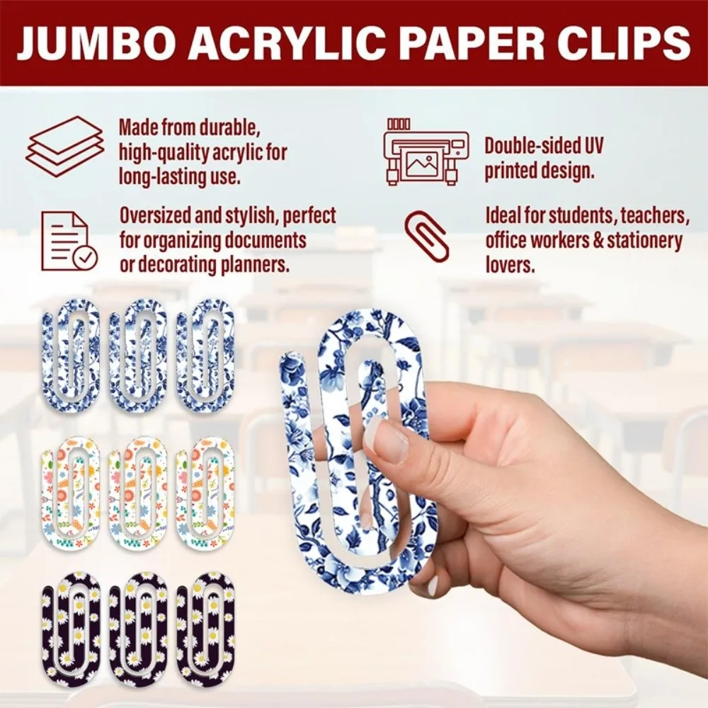 9pcs Acrylic Dye Sublimation Blanks Paper Clip Big Size Love Heart Heat Transfer Bookmark Creative Unique DIY Pattern Paper Clip