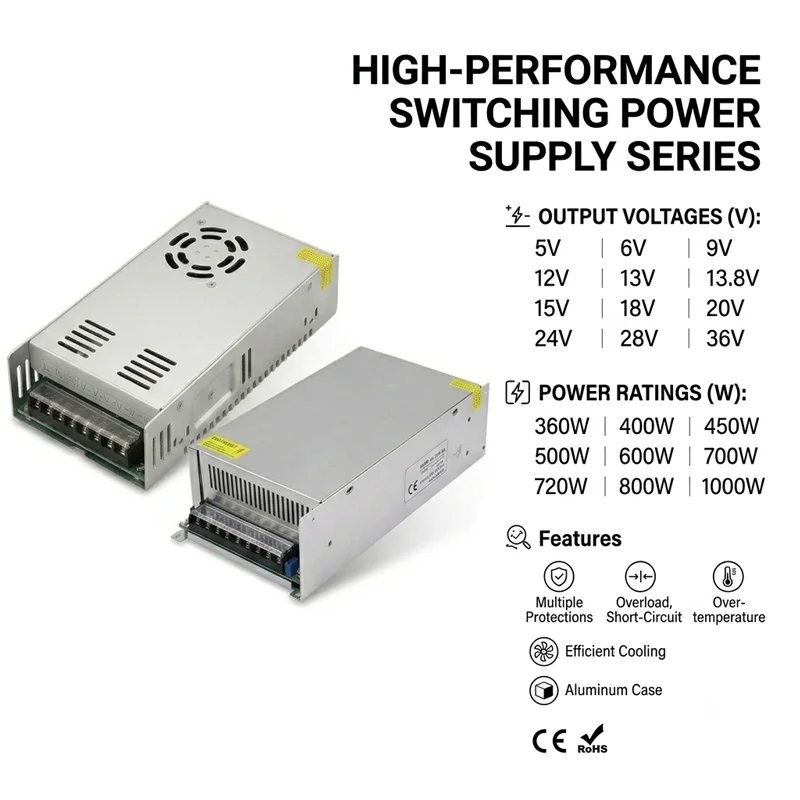 AC to DC Switching Power Supply 5V 6V 9V 12V 13.8V 15V 20V 24V 28V 36V 48V 360W 400W 500W 600W 720W DC Stabilized Power Source