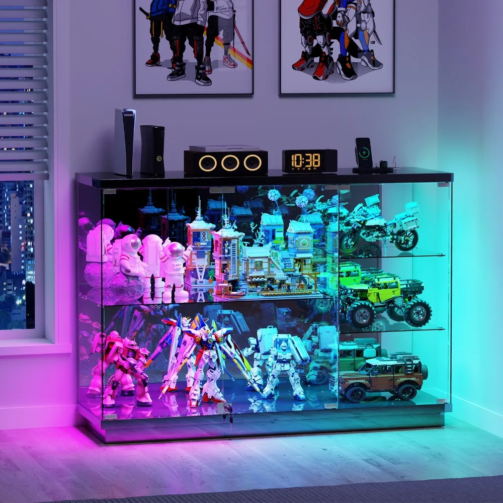 Gurexl Large Display Case with RGB Lights, Lockable Curio Cabinet w/ Glass Doors