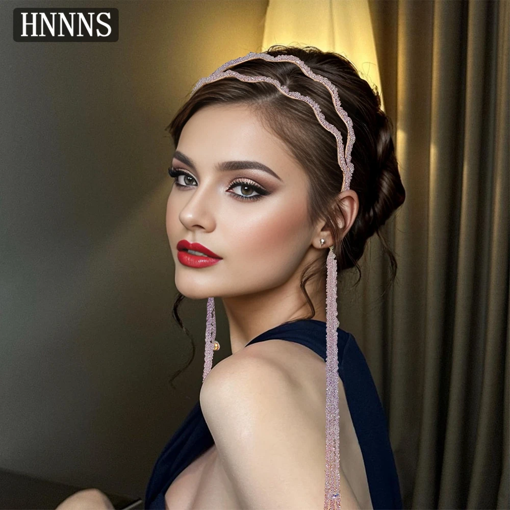 

HNNNS Pink Crystal Tassel Headband Double Layer Wavy Hairband Bling Princess Style Headwear Elegant Bridal Hair Accessories A176