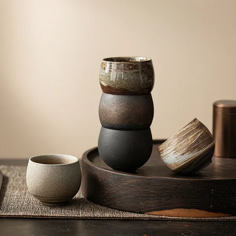 1pc Japanese Style Handmade Stoneware Tea Cup Kung Fu Tea Set Tea Cup Small Single Cup Ancient Style Quiet Road Cup Bowl Teacup