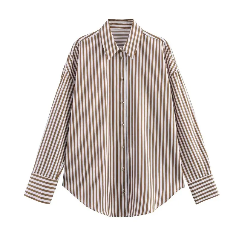 ฤดูใบไม้ผลิ 2025 ผู้หญิง Faion โลหะ Tead ลายยาว Sve Collared irt ใหม่มาถึงอเนกประสงค์หลวม Fit ความยาวปกติ