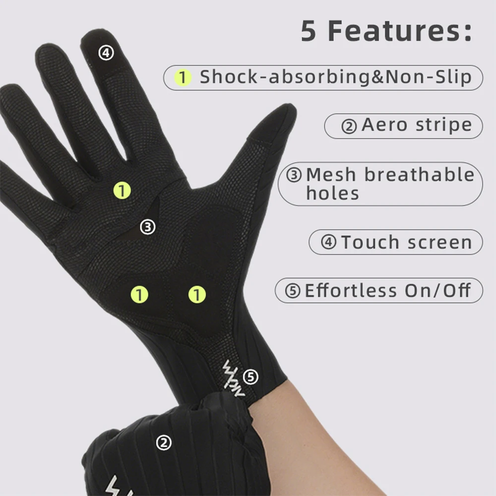 YKYWBIKE Cycling Gloves Full Finger Aerodynamic Striped Fabric Anti-Slip Shock-Absorbing Touch Screen Bicycle Road Bike Gloves