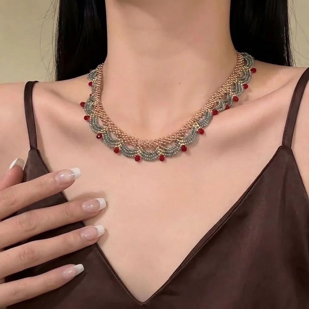 

Handmade Beaded Lace Choker Necklace, Red Green Gold Color Ethnic Vintage Woven Seed Bead Collar Neck Chain for Women