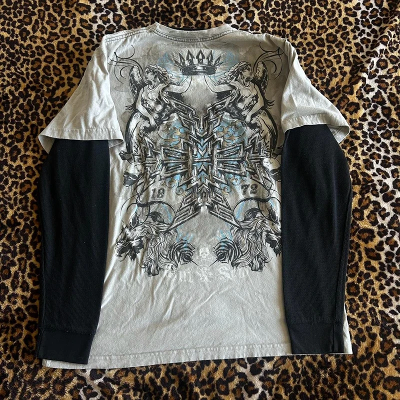 2000s Rare Skull Graphic Pullovers Tops Grunge Cyber Y2k Cross Print Layered T-shirt 90s Vintage Mall Goth Techwear Tees Women image 4