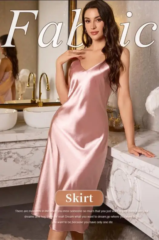 Women's Sexy Summer Lingerie Solid Color Long Nightgown Silky Sleepwear with Spaghetti Straps Luxury Ladies Sleepshirt