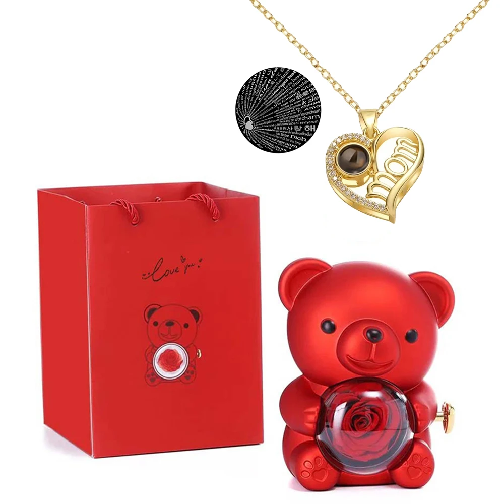 Mini Teddy Bear Preserved Rose Jewelry Box with I Love You Projection Necklace Gift Box Romantic Gifts for Mother's Day