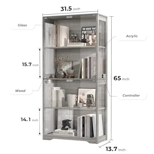 Display Cabinet with Glass Doors, 4-Tier Display Case, Black | Curio Cabinet with 3 Color Lights for Collectibles view 2