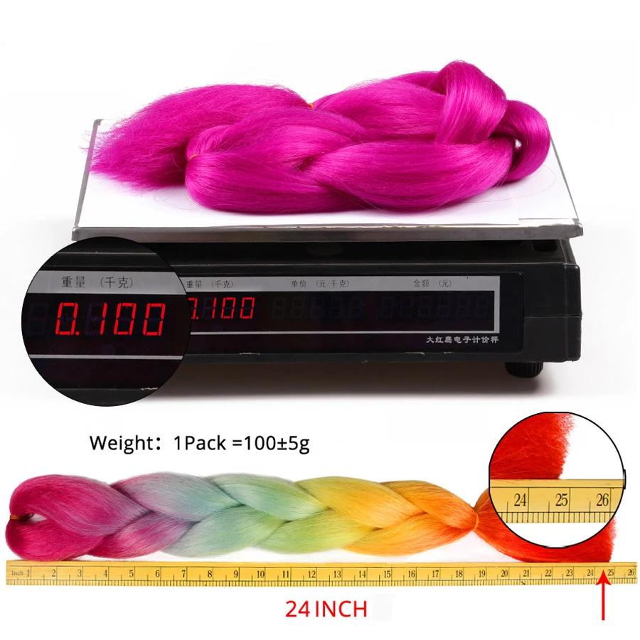 24\'\' 100G Synthetic Jumbo Braiding Hair Ombre Rainbow Hair Extensions Festival Jumbo Crochet Hair Weaving Box Braids Hairpieces