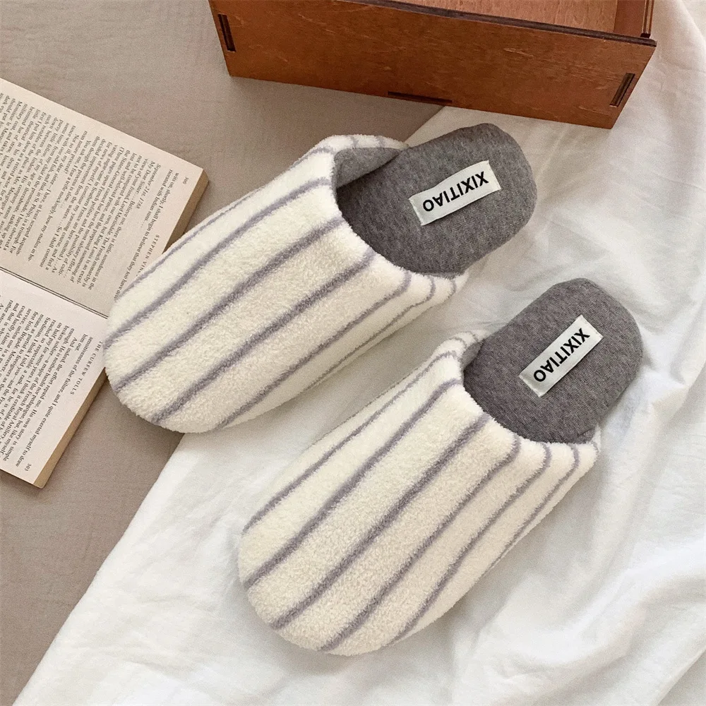 Unisex Striped Cotton Slippers Soft Comfortable Warm Autumn Winter Bedroom Home Slippers with Bag Head Fun Household Footwear