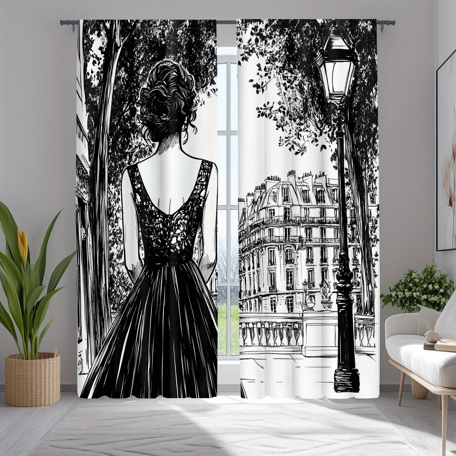 Black and White Parisian Street Art Curtain Living Room Home Decor Abstract Fashion Window Curtain