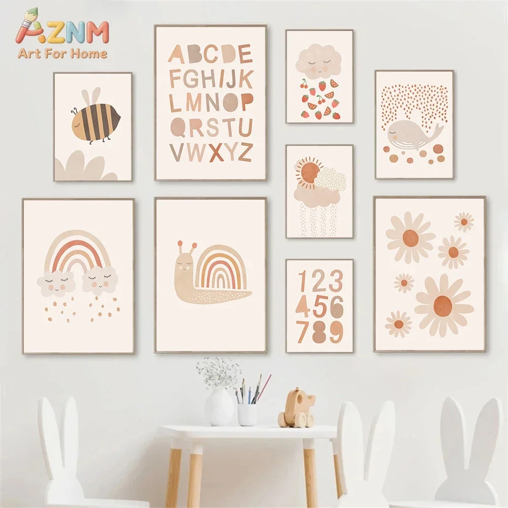 AZNM Boho Neutral Nursery Canvas Wall Art, Snail Whale Alphabet Rainbow Flower Cartoon Print Kids Room Educational Bedroom Home