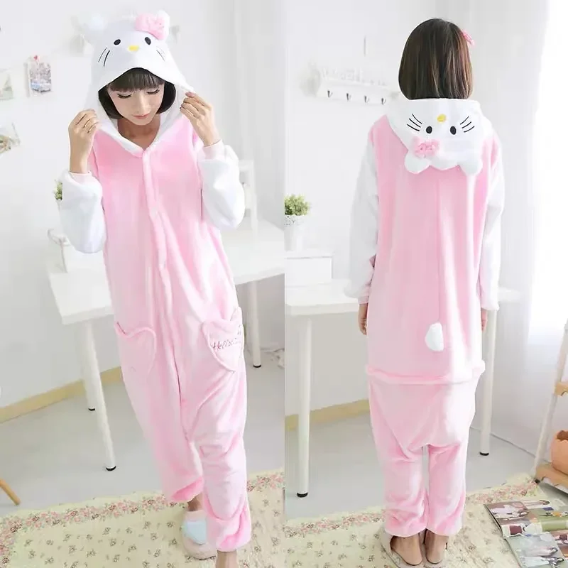 Hello Kitty Cat Onesie Cosplay Costume Kigurumi Flannel Zipper Pajamas Anime Jumpsuit Sleepwear Homewear Halloween Children Suit