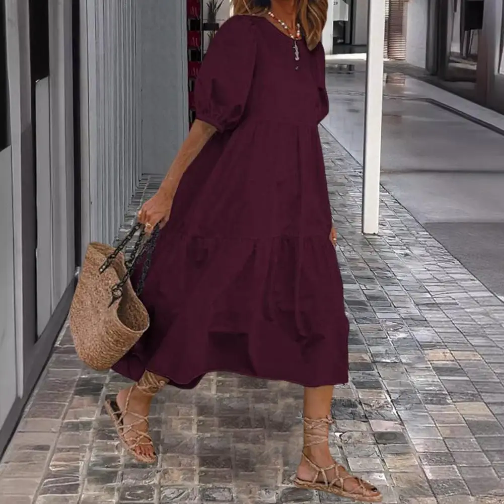 

Lady Long Dress Bohemian Style A-line Midi Dress with Elastic Cuff Patchwork Detail for Women for Wear Vacation Outfits Beach