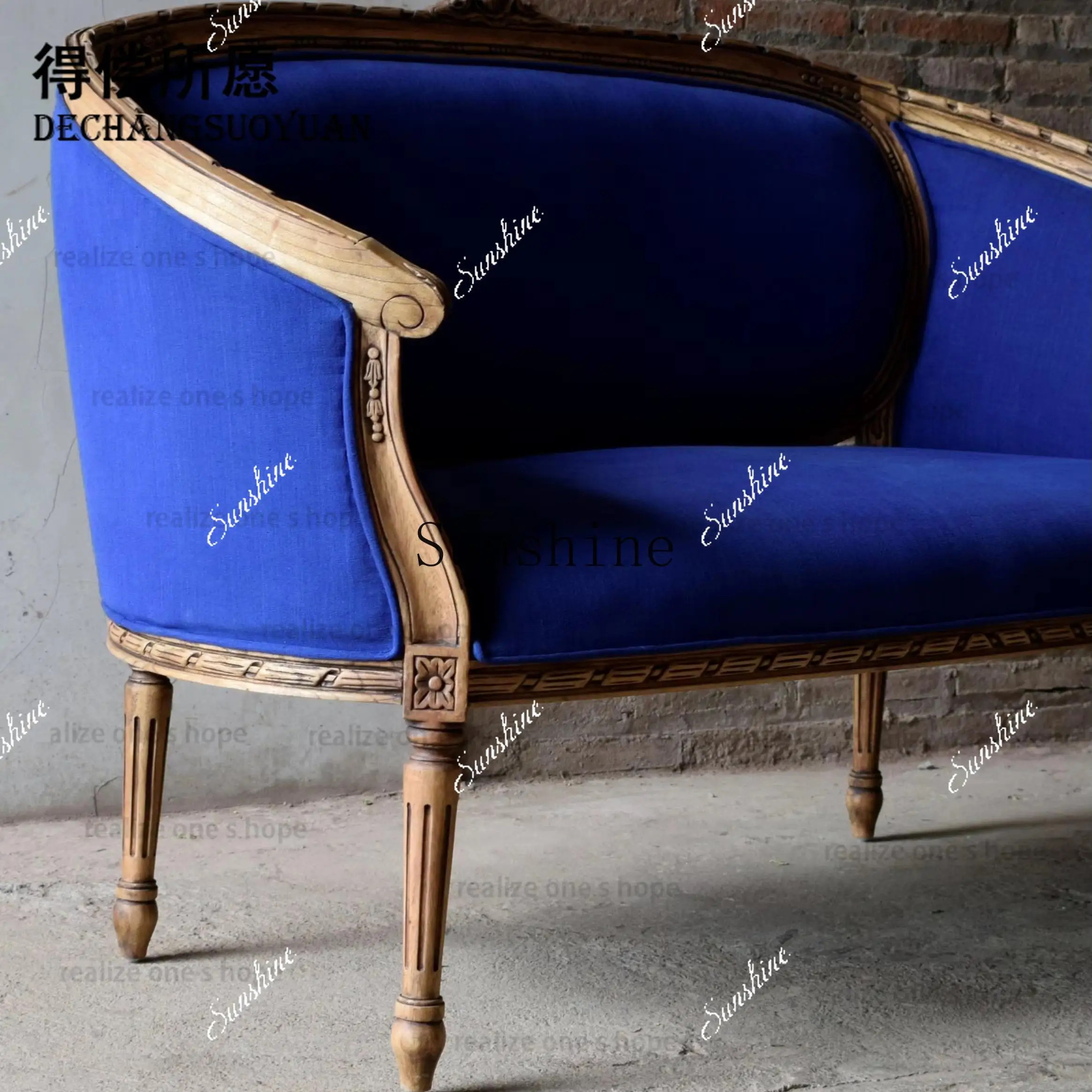 

American rural fabric studio club image retro old velvet solid wood sofa chairP