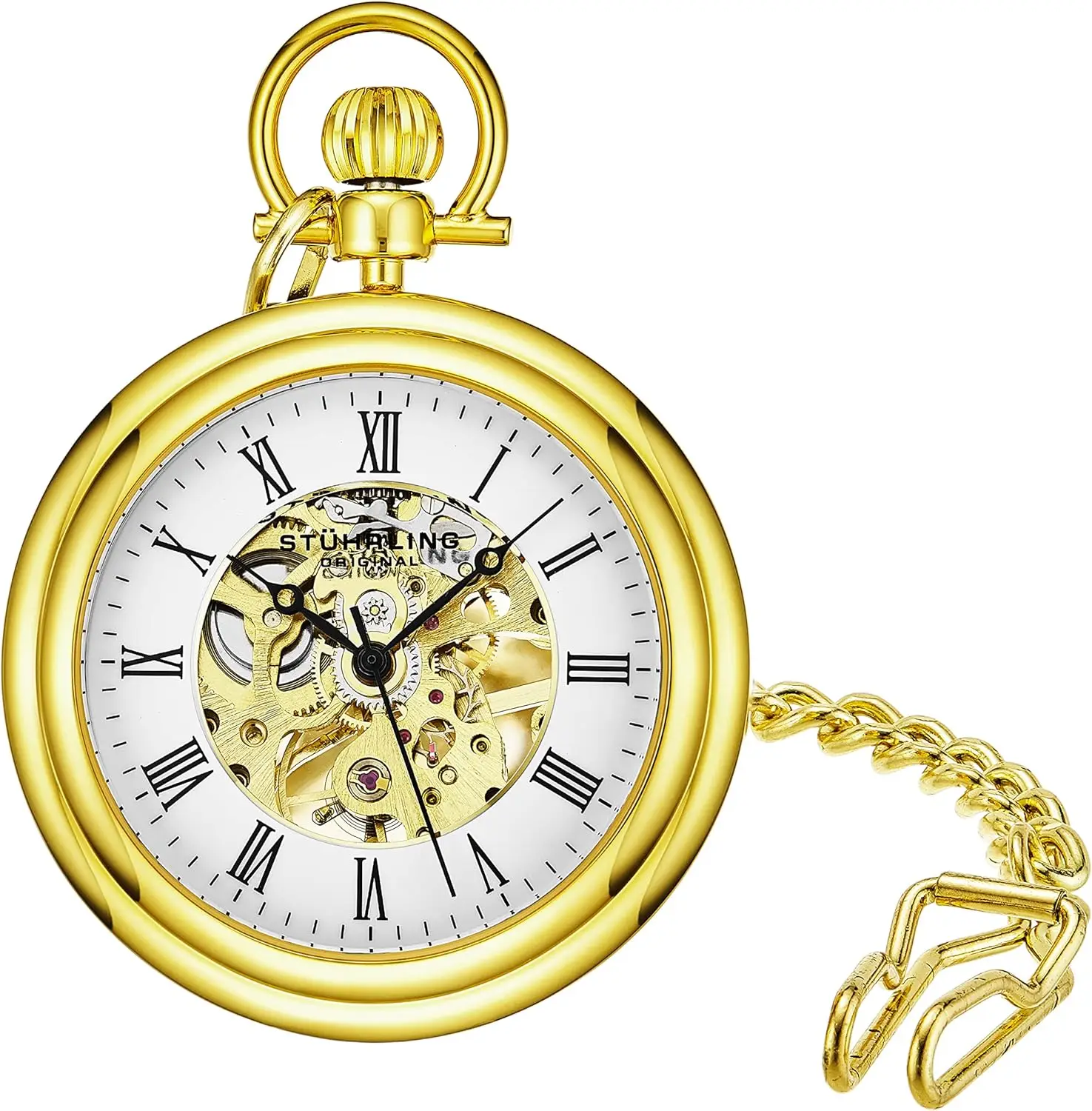 Men's Stainless Steel Skeleton Pocket Watch with Hand Wind Mechanical Movement and Chain