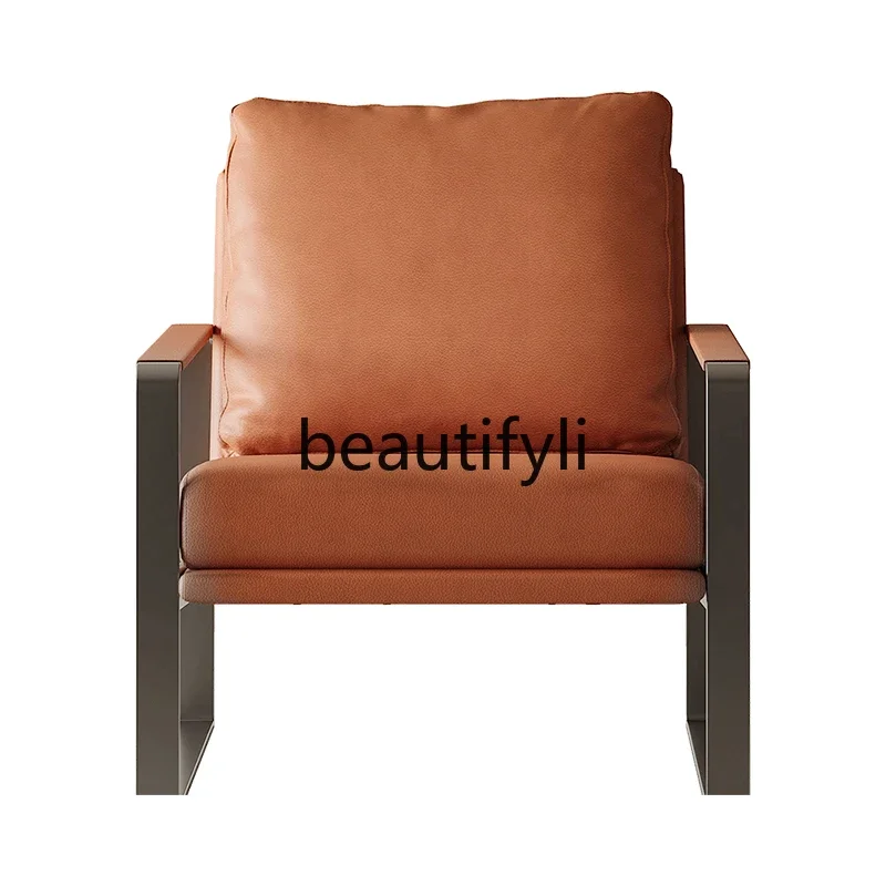 

Italian minimalist stainless steel leisure chair leather art balcony single sofa leather living room soft bag