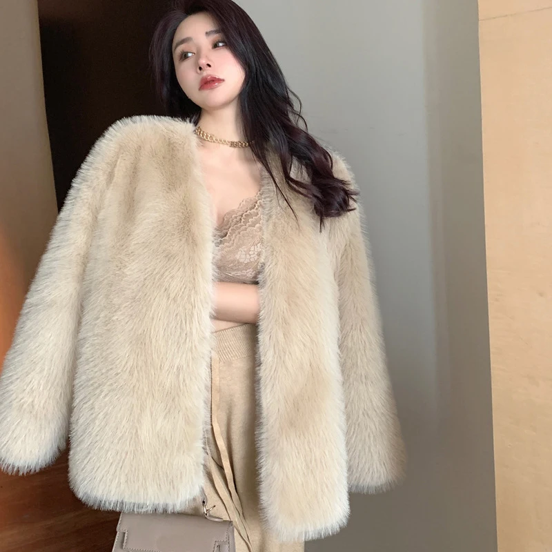 

Elegant Fluffy Jacket for Lady 2023 Autumn Winter Thick Warm Faux Fox Fur Coat Solid Long Sleeve Women Furry Cardigan Outerwears